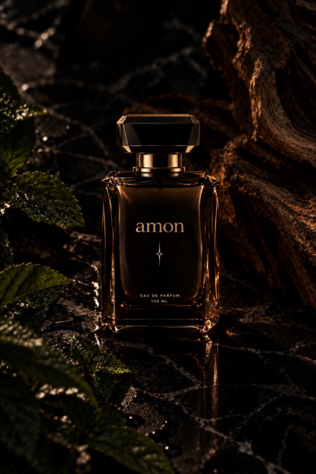 Флакон AMON на тёмном мокром мраморе рядом с корой дерева и листьями мяты