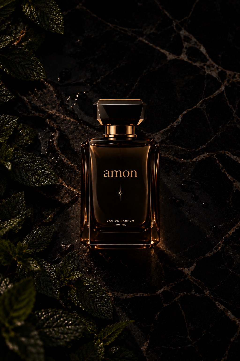 Флакон AMON на тёмном мраморе с золотыми прожилками, рядом листья мяты