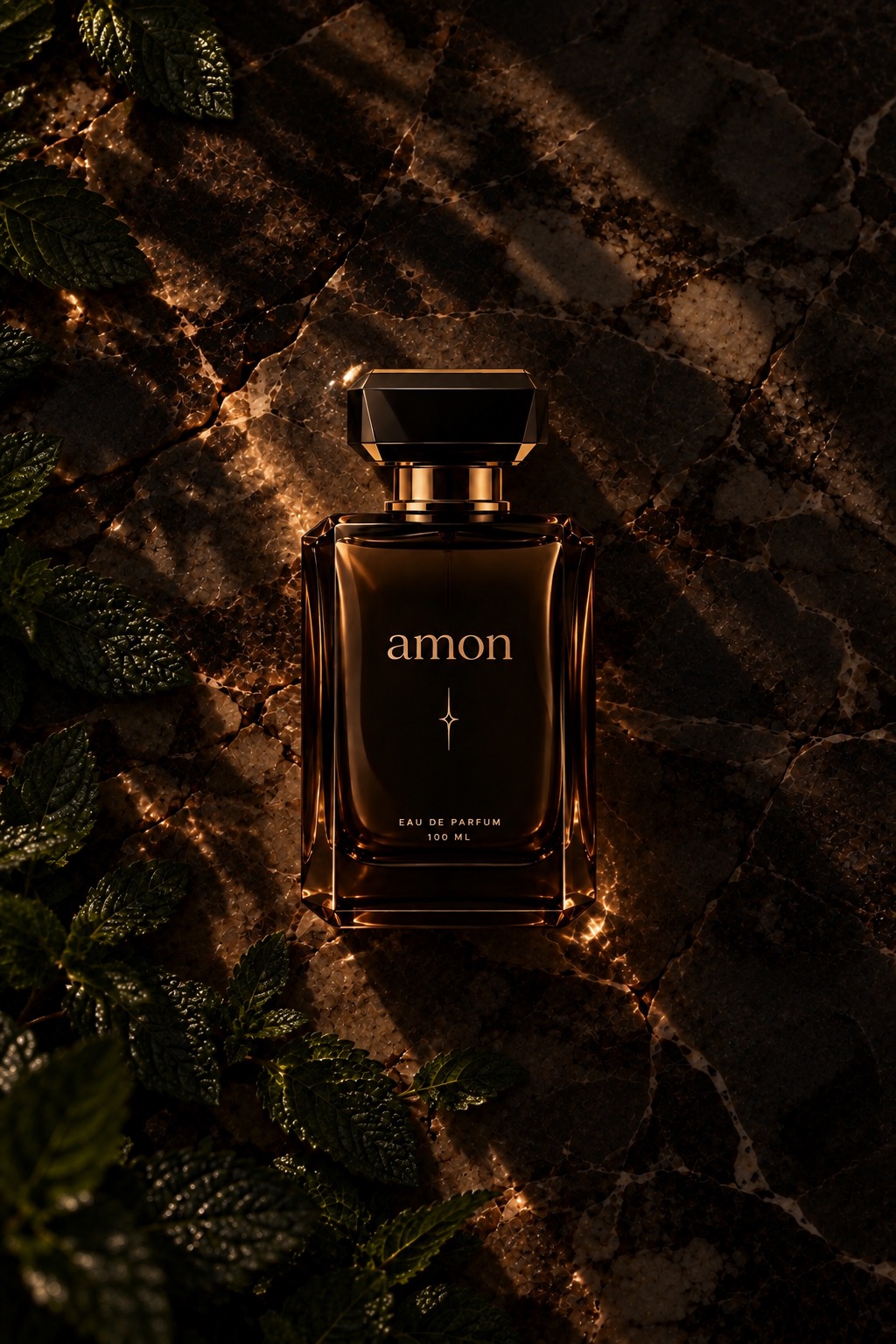 Флакон AMON на тёмном камне в тёплых лучах света, рядом листья мяты