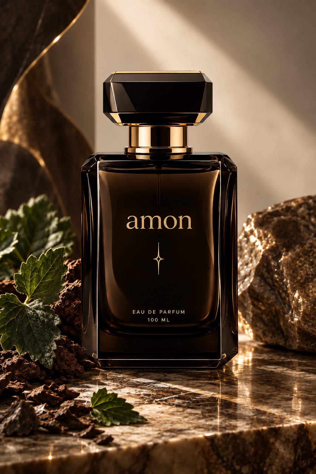 Флакон AMON Eau de Parfum на мраморе, рядом листья мяты, земля и камень