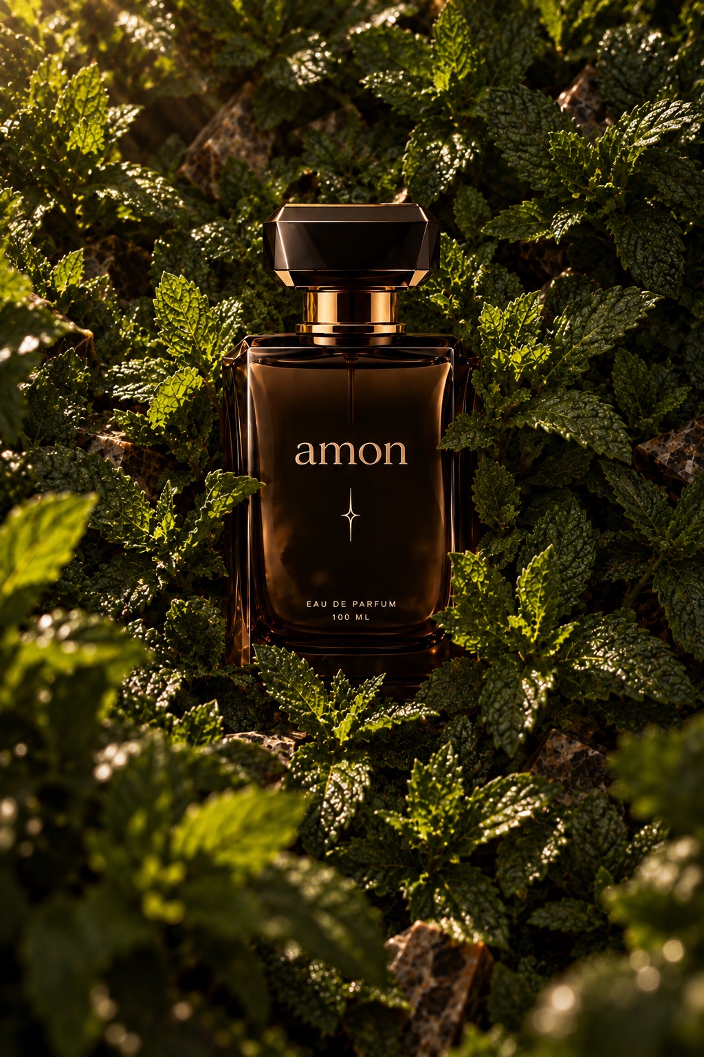 Флакон AMON среди листьев мяты и камней в тёплом свете